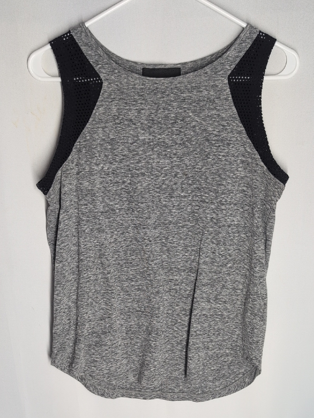 attention Gray Tank Top with Black Mesh Shoulders